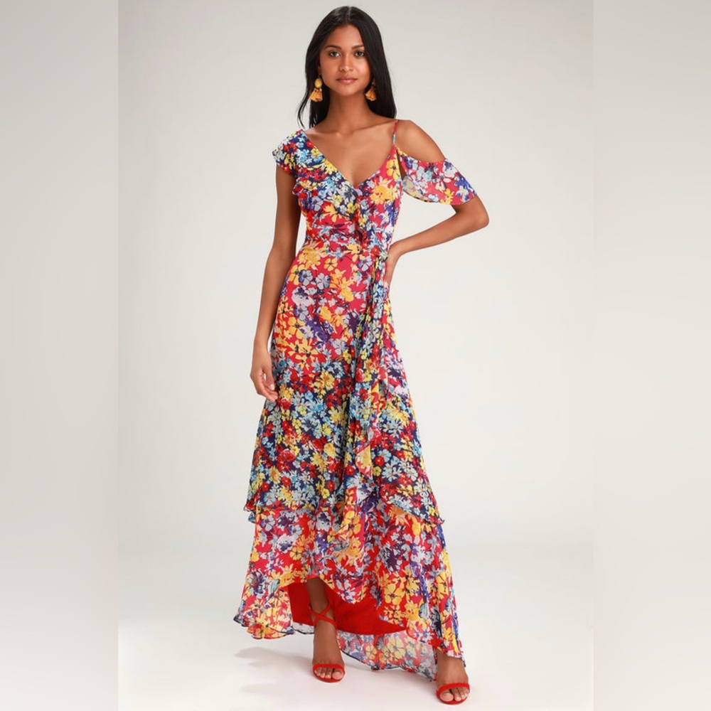 Lulus Radiant Ruby Red Floral Print Chiffon Maxi Dress - Large